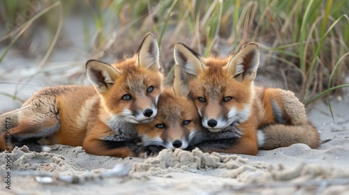 Wild baby red foxes cuddling at the beach