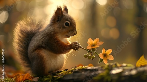 Squirrel posing with a flower