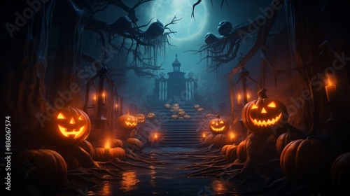 Glowing halloween fire text banner with spooky pumpkins for a scary halloween theme © sorin
