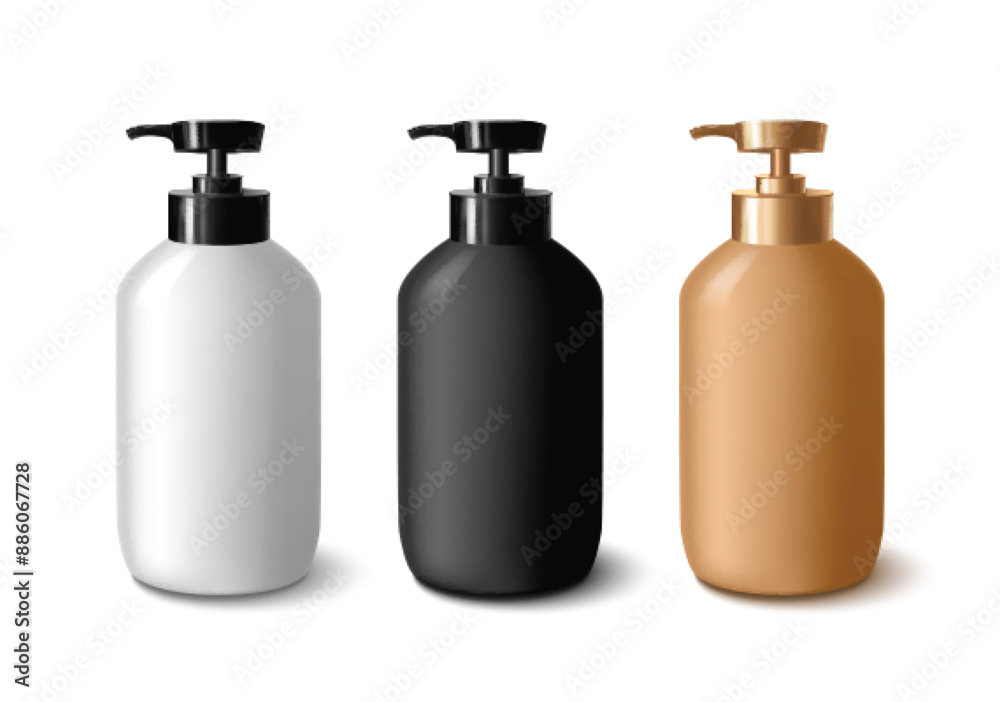 Plastic bottle mockup with pump cap. Black, white and brown package for skincare and makeup cosmetic product branding. Realistic 3d vector template of liquid soap or lotion container with dispenser. Plastic bottle mockup with pump cap. Black, white and brown package for skincare and makeup cosmetic product branding. Realistic 3d vector template of liquid soap or lotion container with dispenser.