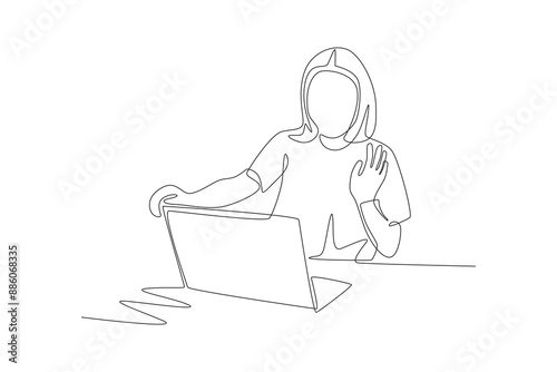Woman ending online learning. Online education concept one-line drawing