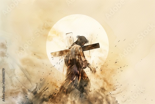 Jesus Christ carrying cross with empty sun circle behind him. Minimalist watercolor painting of Jesus with brown robe on neutral background. High-resolution image with ethereal atmosphere. photo