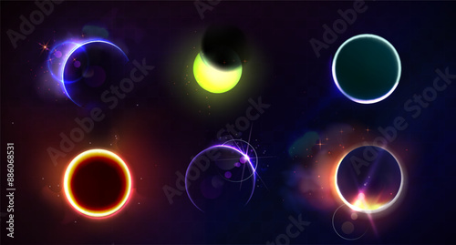 Total and partial solar eclipse with different neon glow colors on dark night sky background. Realistic vector illustration set of abstract cosmos sun corona with circle and crescent bright shine.