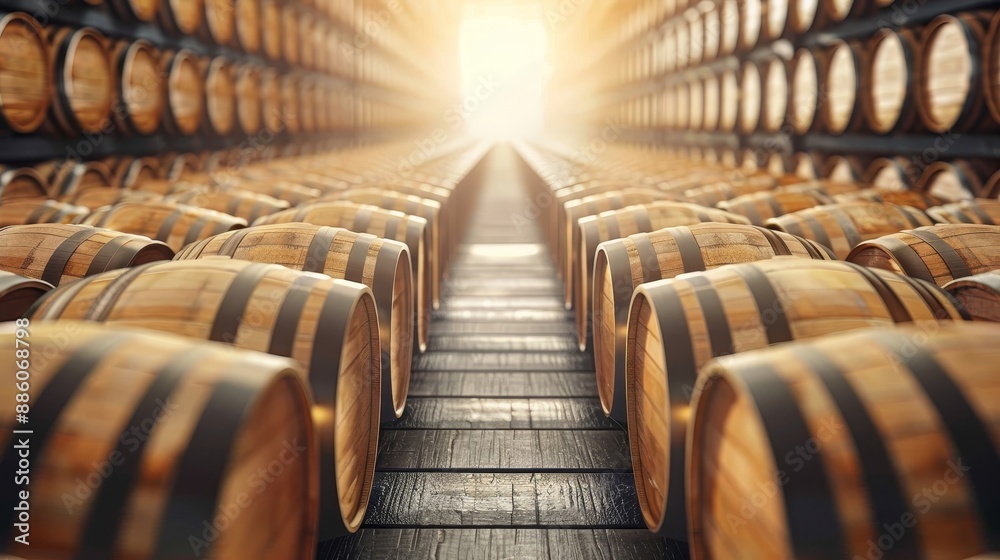 Obraz premium A row of wooden barrels stacked on top of each other
