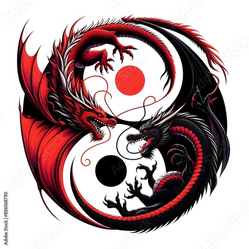 AI Generate A Black Dragon and Red Dragon flying in circle create a yin yang pattern