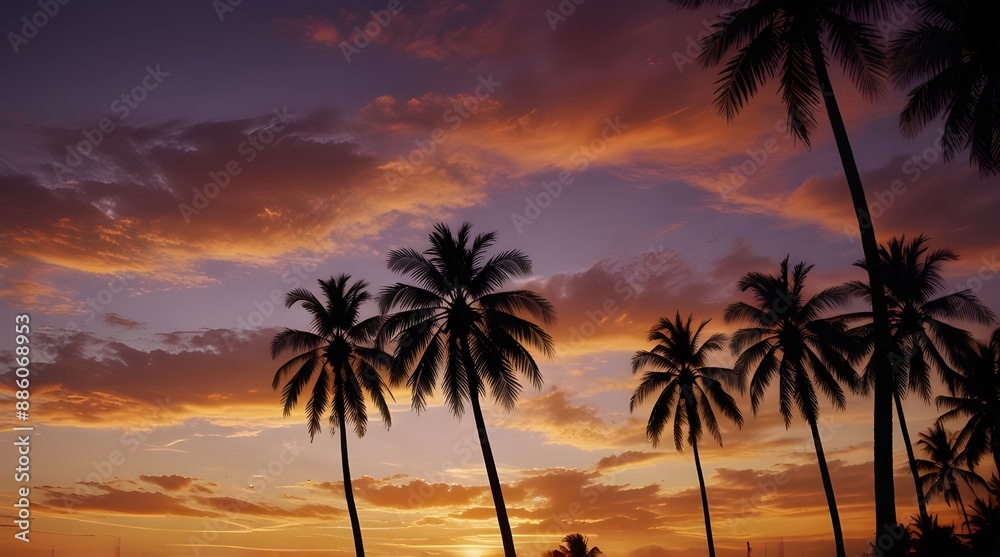 Summer beach sunset close up, Warm hues, vibrant sky Double exposure silhouette with palm trees. generative.ai Summer beach sunset close up, Warm hues, vibrant sky Double exposure silhouette with palm trees. generative.ai