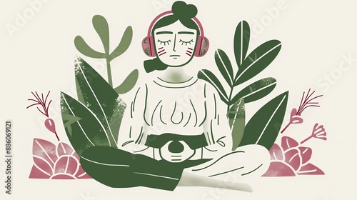 A serene guided meditation concept featuring a female with earphones, stylized with calming plant elements. Ideal for promoting mindfulness and relaxation. photo