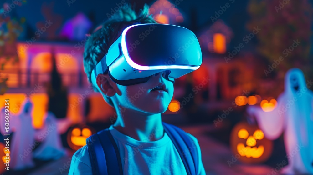 little boy wearing sleek VR headset surrounded by gloomy halloween setting with ghosts dark mansion, jack o lanterns little boy wearing sleek VR headset surrounded by gloomy halloween setting with ghosts dark mansion, jack o lanterns