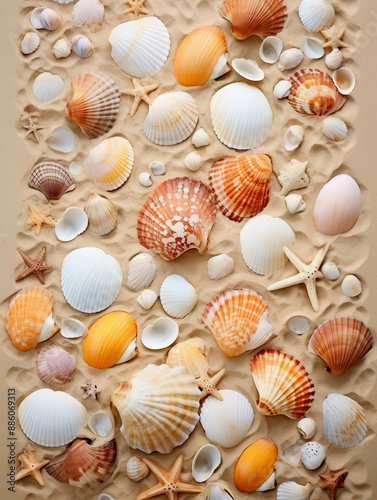 A Beautifully Diverse Collection of Seashells of Various Shapes and Colors Arranged Neatly on a Sandy Background