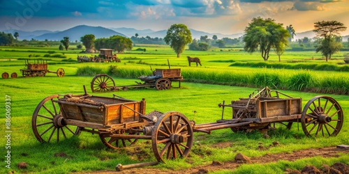 Rural landscape of lush green fields, rusty farm tools, and worn-out carts, conveying the essence of hardworking Indian farmers and laborers in absence. photo