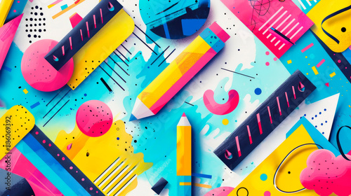 A colorful abstract composition showcasing school supplies like pencils and rulers in a playful arrangement, evoking creativity and enthusiasm, ideal for educational settings.