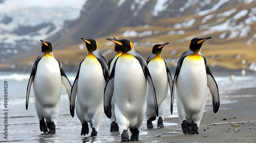 Fototapeta premium King penguins walking on the beach at St. Andrews