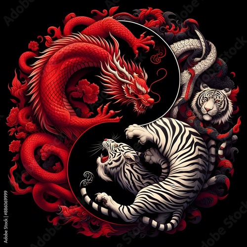 AI Generate A Red Dragon and White Tiger fighting in circle create a yin yang pattern	