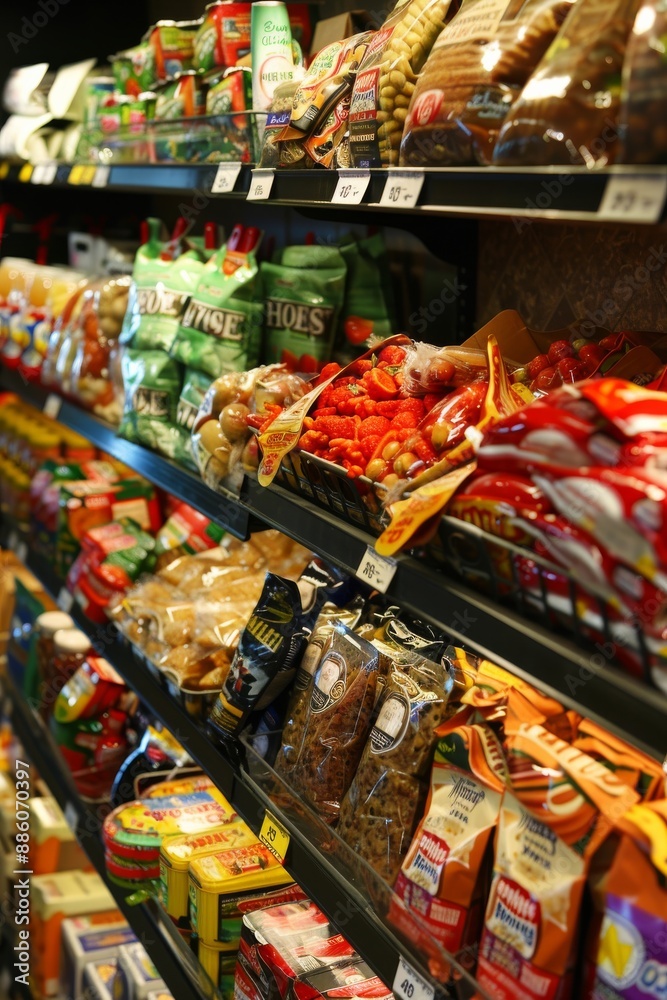 Vibrant display of an assortment of packaged groceries on a store shelf. It highlights everyday shopping items, food packaging, and the abundance of choices available in markets. Vibrant display of an assortment of packaged groceries on a store shelf. It highlights everyday shopping items, food packaging, and the abundance of choices available in markets.