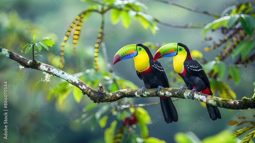 Toucan perched on a branch in a green forest setting Toucan perched on a branch in a green forest setting