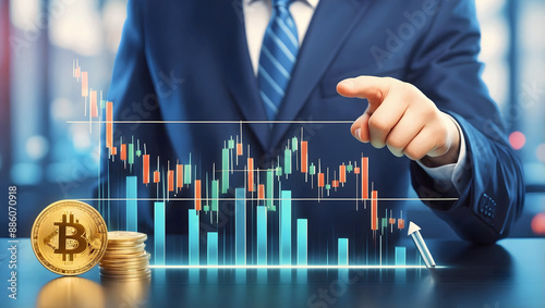 Hand pointing at Business chart, bitcoin graph, growth, finance concept, digital currency, money
