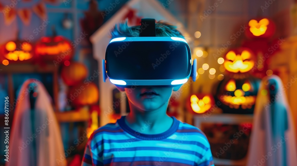 little boy wearing sleek VR headset surrounded by goolmy halloween setting with ghosts jack o lanterns little boy wearing sleek VR headset surrounded by goolmy halloween setting with ghosts jack o lanterns