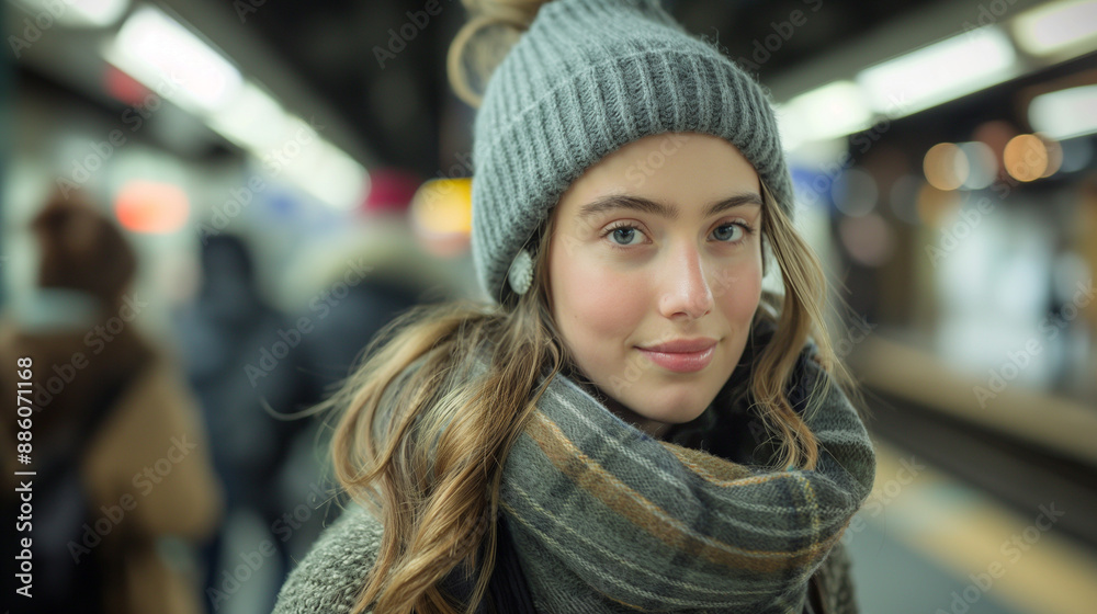 A young woman standing in what appears to be a subway or metro station. She is wearing a gray beanie hat, a scarf wrapped around her neck, and headphones A young woman standing in what appears to be a subway or metro station. She is wearing a gray beanie hat, a scarf wrapped around her neck, and headphones