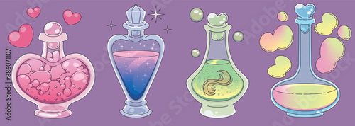 Magic potion bottles set isolated on background. Contemporary vector cartoon illustration of glass flasks with pink love, shimmering blue, toxic green, yellow medicine liquid, heart bubbles in air