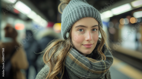 Wallpaper Mural A young woman standing in what appears to be a subway or metro station. She is wearing a gray beanie hat, a scarf wrapped around her neck, and headphones Torontodigital.ca
