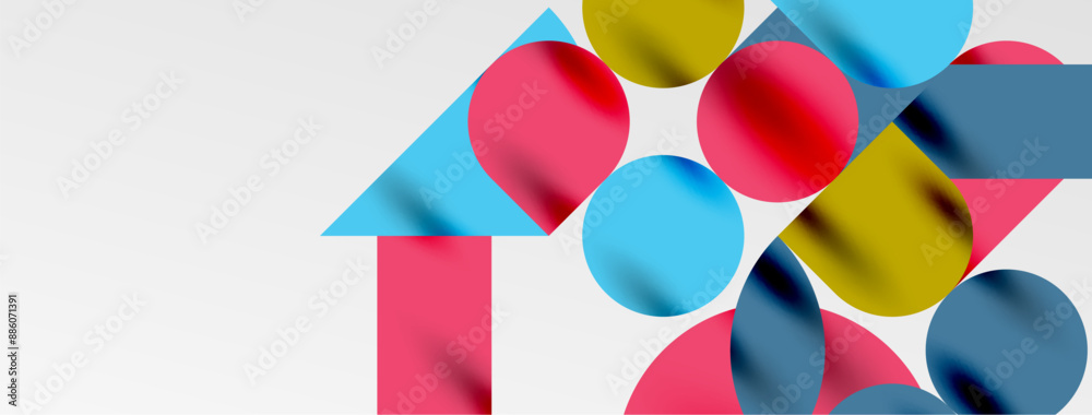 Mosaic geometric elements. Colorful circles, round geometric shapes and lines with shadow 3d effects. Simple forms abstract background for wallpaper, banner, template or landing Mosaic geometric elements. Colorful circles, round geometric shapes and lines with shadow 3d effects. Simple forms abstract background for wallpaper, banner, template or landing