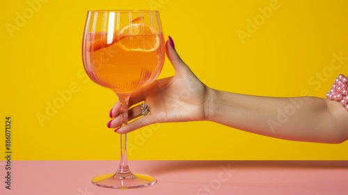 Vintage retro female hand holding cocktail in 1960s and 70s style isolated on plain background photo