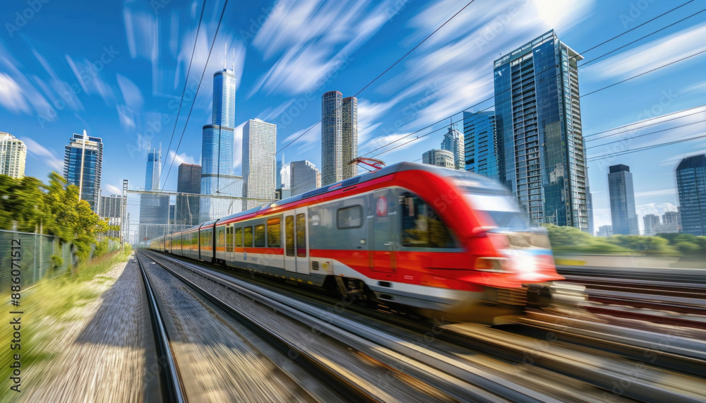 Fototapeta premium A train is moving along the tracks, with a city skyline visible in the background