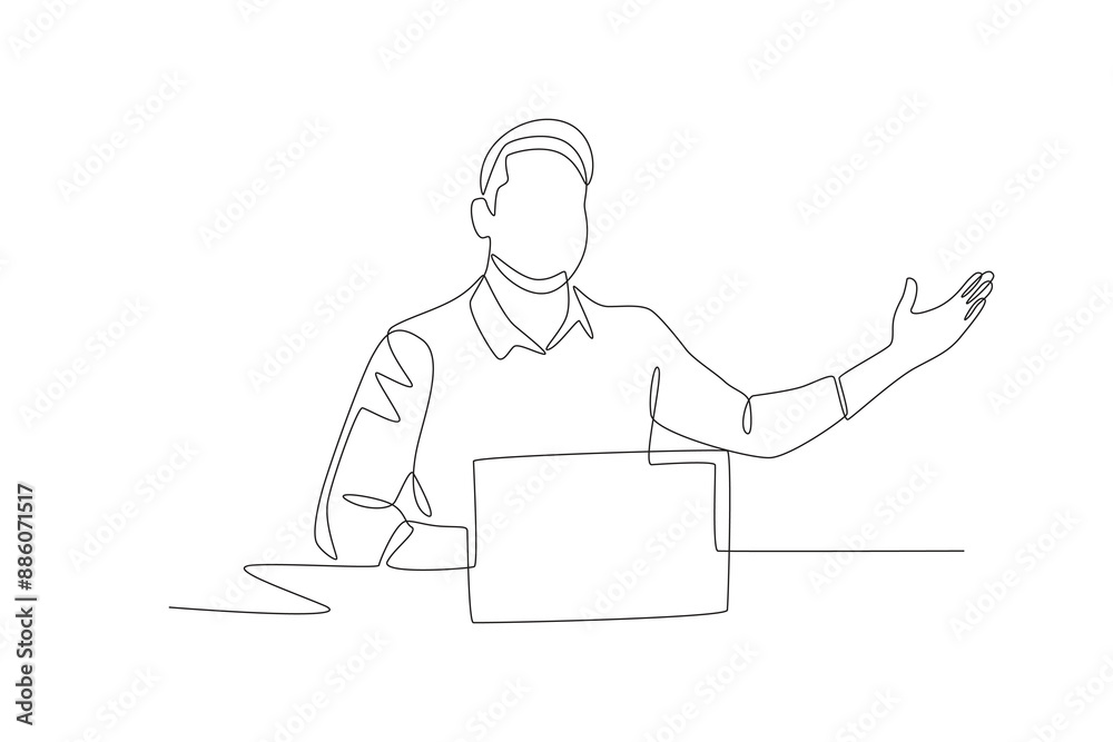 The man who gives directions while studying online. Online education concept one-line drawing The man who gives directions while studying online. Online education concept one-line drawing