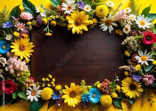 Wallpaper Mural Vibrant hand-painted watercolor border featuring a lush arrangement of wildflowers, foliage, and greenery in soft colors, perfect for designs, invitations, and stationery. Torontodigital.ca