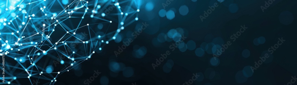 Blue abstract technology network background with glowing points and lines connecting, representing data, communication, and digital innovation.