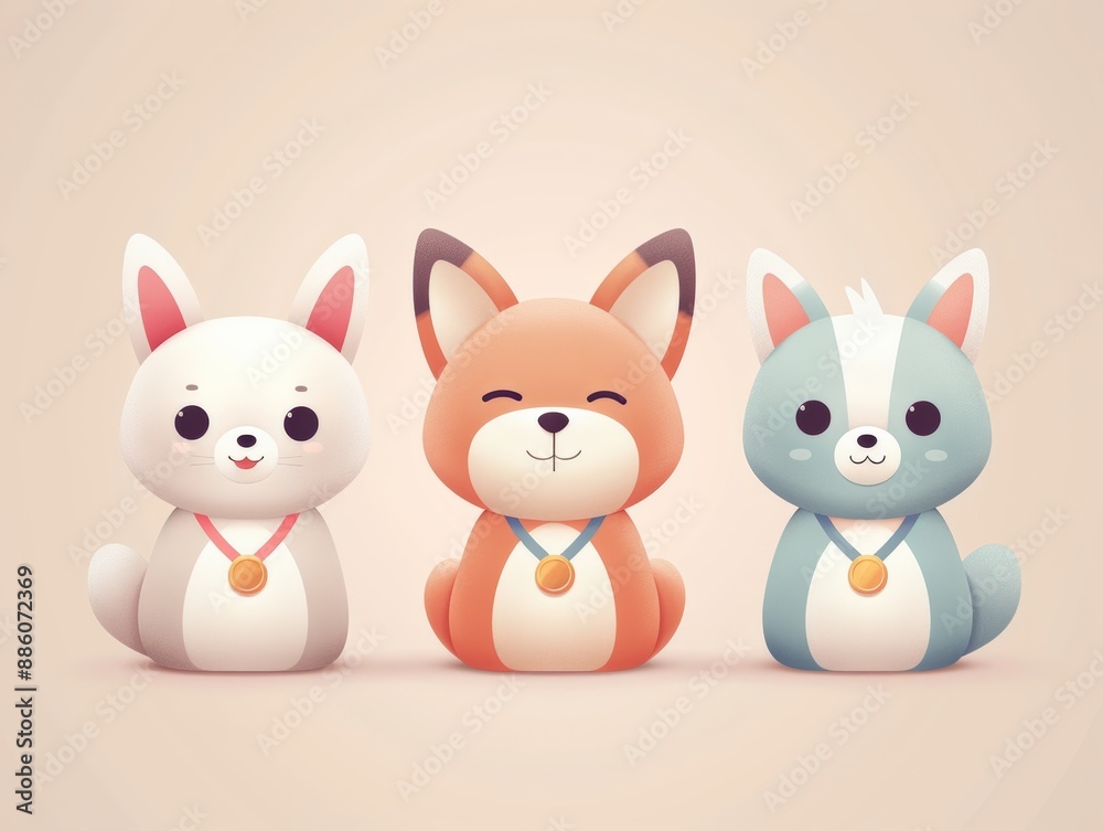 Cute cartoon animals with medals, featuring a fox, a rabbit, and a cat, in a beige background. Cute cartoon animals with medals, featuring a fox, a rabbit, and a cat, in a beige background.