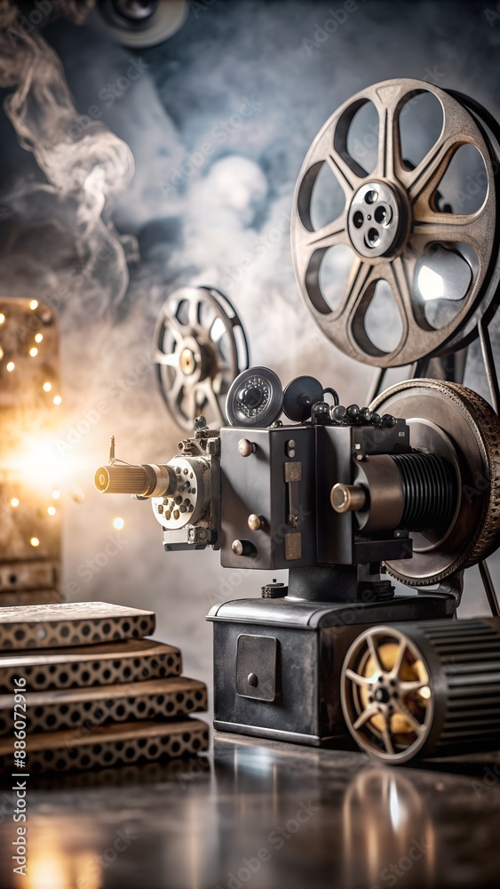 Obraz premium Nostalgic film projector with glowing light and stacked film reels