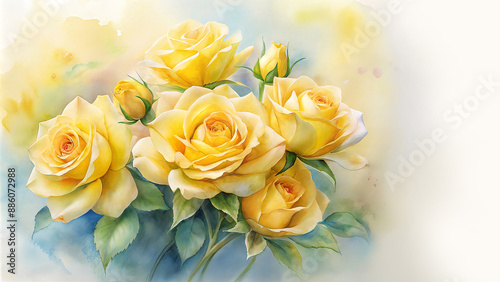 watercolor painting bouquet vibrant yellow roses glass vase white background creative detailed brush stroke minimal splash photo