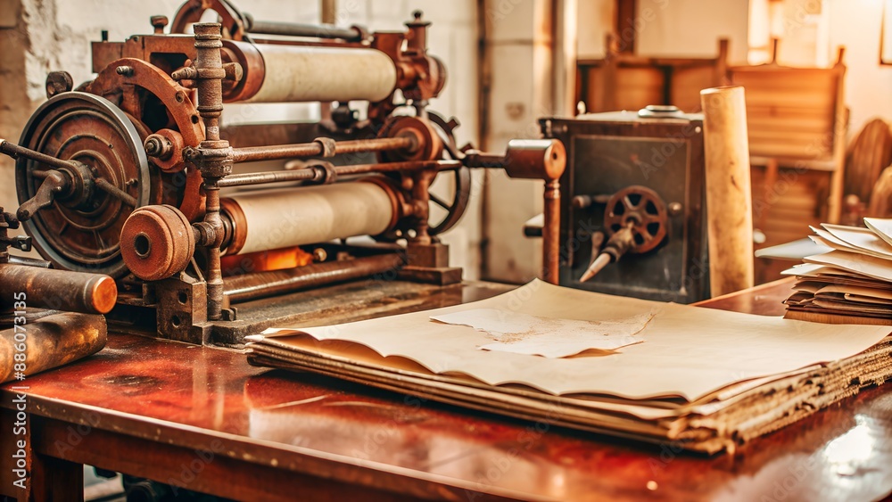 Fototapeta premium Nostalgic Printing Press with Stacks of Paper