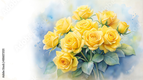 watercolor painting bouquet vibrant yellow roses glass vase white background creative detailed brush stroke minimal splash