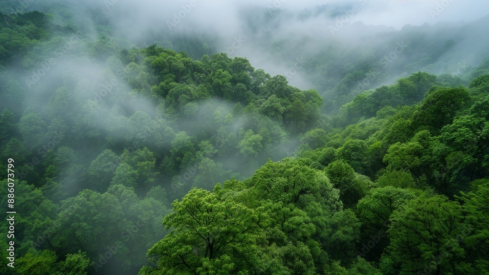 Green forest in the morning with fog in the valley, South Korea Green forest in the morning with fog in the valley, South Korea