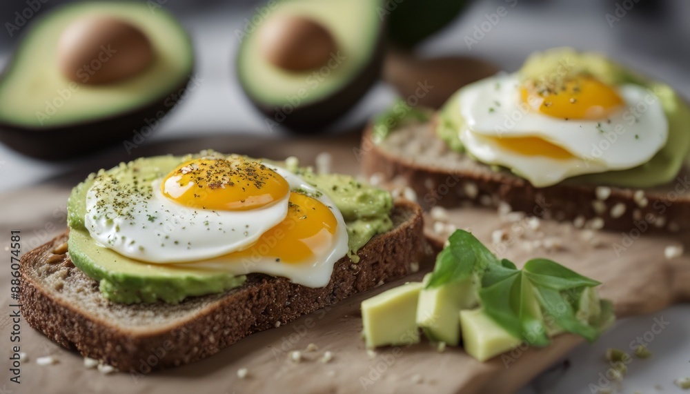 Avocado slices and eggs on rye bread with sesame Avocado slices and eggs on rye bread with sesame