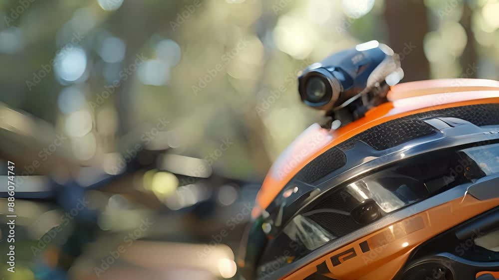 A detailed view of the smart camera attached to the front of a bike helmet capturing footage of rides and providing added security. A detailed view of the smart camera attached to the front of a bike helmet capturing footage of rides and providing added security.