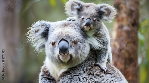 Mother koala with baby on her back