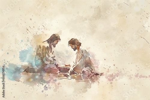 Jesus washing feet illustration on Maundy Holy Thursday. Two figures in religious context, kneeling and standing. Watercolor style with neutral background, beige colors. Dreamy atmosphere. photo