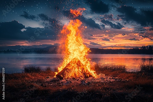 As night falls and darkness takes over, a crackling bonfire springs to life, casting a magical glow of orange and yellow flames against the darkened sky...