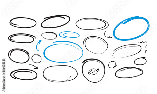 Hand drawn circle highlighter line sketch set. Vector marker circular lines, doodle round circles for message note mark symbol element. Pencil or pen bubble sketch design