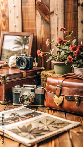 Vintage cameras and leather suitcase with red flowers on a wooden table photo