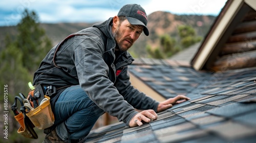 A construction worker in a black jacket and jeans kneels on a roof, looking intently at the camera.