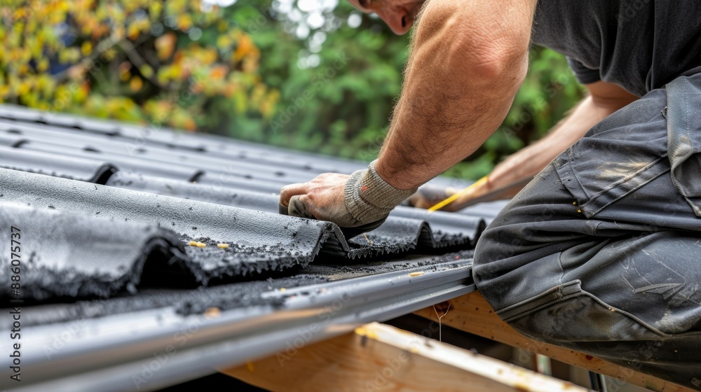 A construction worker installs roofing shingles on a new home.