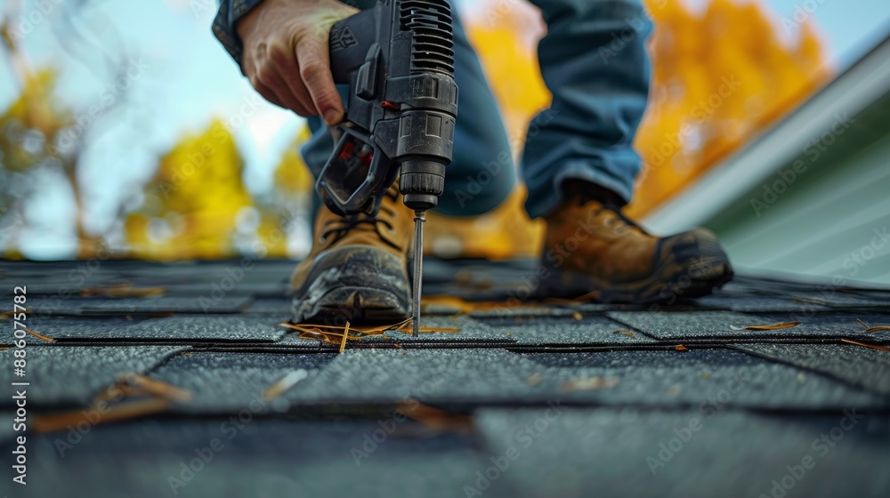 A construction worker secures a shingle on a roof using a nail gun. A construction worker secures a shingle on a roof using a nail gun.