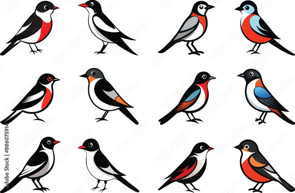 Obraz premium Reyezuelo volador Bird set bundle- 12 Vector illustration. bird icon, vector, animal, flying, png, 