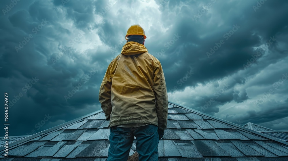 A lone construction worker stands on a rooftop, looking up at a stormy sky. He wears a yellow hard hat and jacket. A lone construction worker stands on a rooftop, looking up at a stormy sky. He wears a yellow hard hat and jacket.