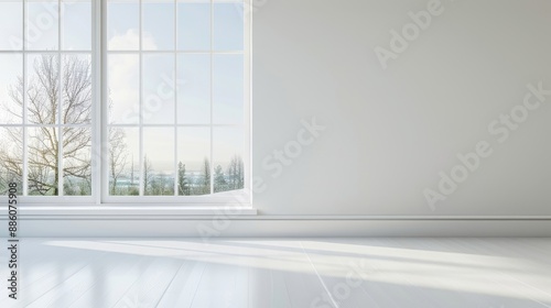 A large window with a white radiator on the wall