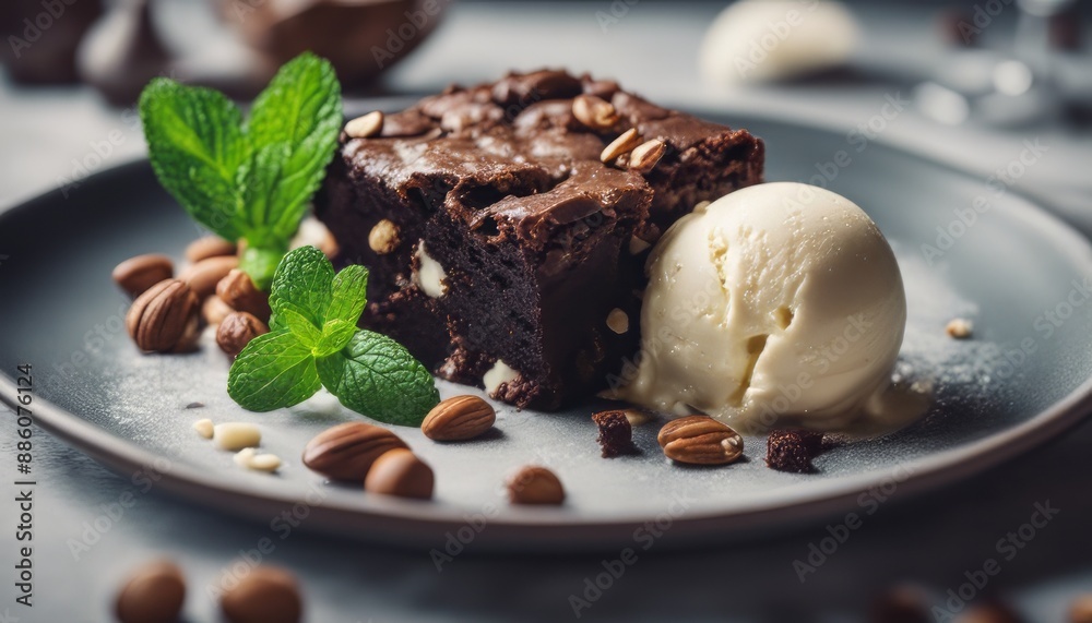Chocolate brownie with vanilla ice cream, nuts and mint Chocolate brownie with vanilla ice cream, nuts and mint
